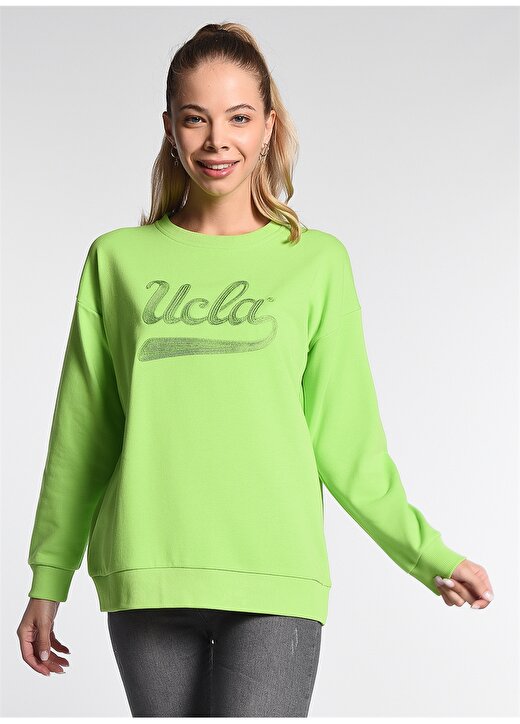 Ucla Barbara Yuvarlak Yaka Uzun Kollu Oversized Nakışlı Yeşil Kadın Sweatshirt 1