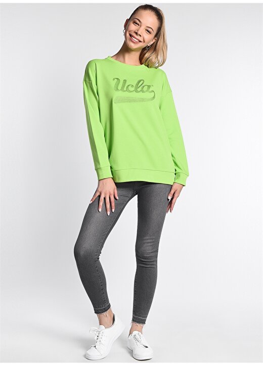 Ucla Barbara Yuvarlak Yaka Uzun Kollu Oversized Nakışlı Yeşil Kadın Sweatshirt 2