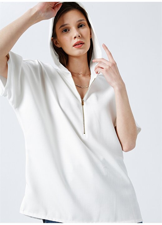 Fabrika Comfort Cm-Enon Kapüşonlu Geniş Fit Düz Beyaz Kadın Bluz 3
