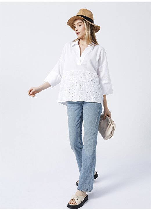 Fabrika Comfort Cm-Gulfem Gömlek Yaka Geniş Fit Düz Beyaz Kadın Bluz 2