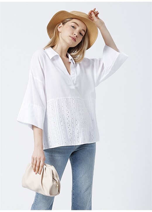 Fabrika Comfort Cm-Gulfem Gömlek Yaka Geniş Fit Düz Beyaz Kadın Bluz 3