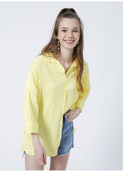 Fabrika Comfort Geniş Fit Armürlü Sarı Kadın Gömlek - CM-ALVIN 1