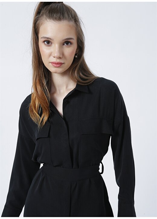 Fabrika Comfort Gömlek Yaka Düz Midi Siyah Kadın Elbise CM-ELLINOR 2