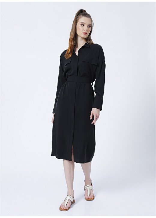 Fabrika Comfort Gömlek Yaka Düz Midi Siyah Kadın Elbise CM-ELLINOR 3