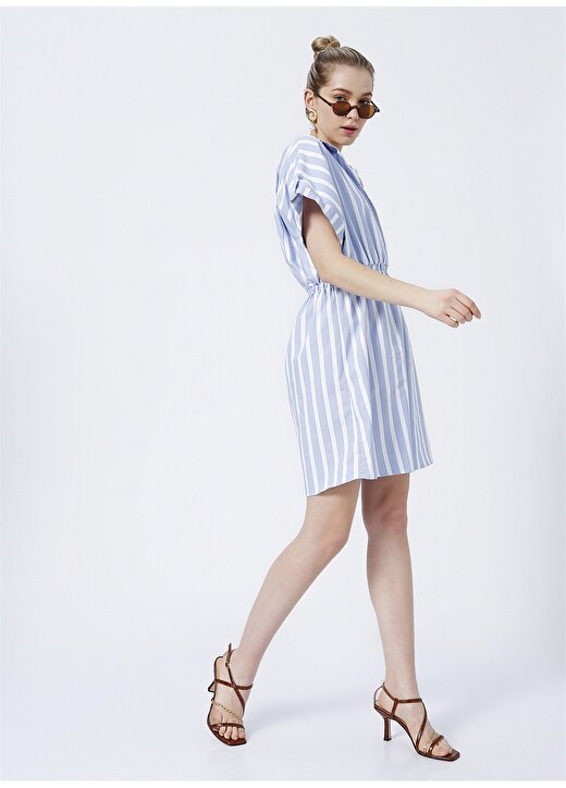 Fabrika Comfort Gömlek Yaka Çizgili Mini Mavi - Beyaz Kadın Elbise CM-LUDO 2