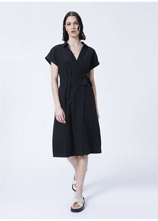 Fabrika Comfort CM-Netta Kruvaze Yaka Basic Düz Siyah Kadın Elbise 1
