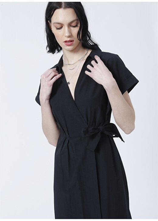 Fabrika Comfort CM-Netta Kruvaze Yaka Basic Düz Siyah Kadın Elbise 2