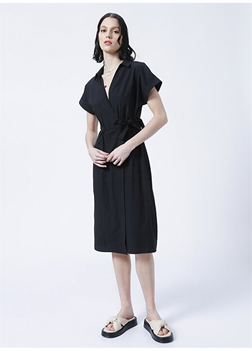Fabrika Comfort CM-Netta Kruvaze Yaka Basic Düz Siyah Kadın Elbise 3
