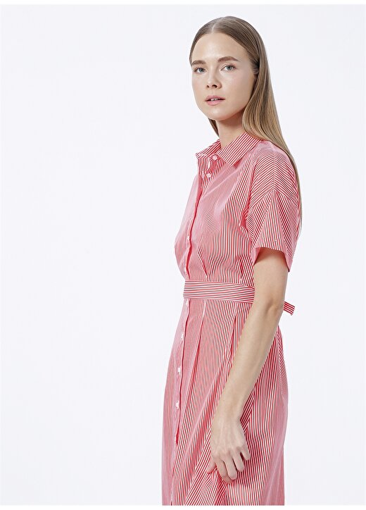 Fabrika Gömlek Yaka Çizgili Midi Beyaz - Kırmızı Kadın Elbise DEMSEY-22 2