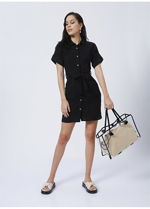 Fabrika Harvey Gömlek Yaka Basic Düz Siyah Kadın Diz Üstü Elbise 1