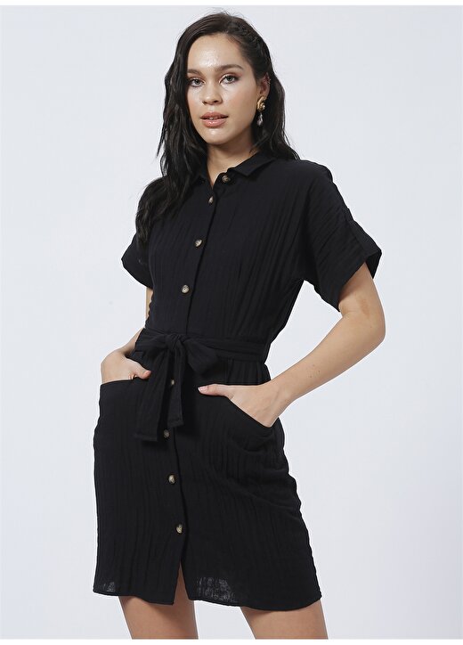Fabrika Harvey Gömlek Yaka Basic Düz Siyah Kadın Diz Üstü Elbise 2