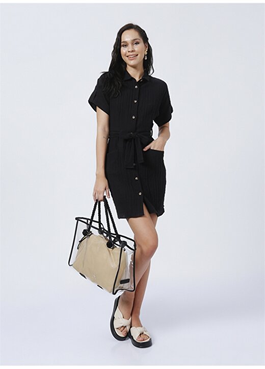 Fabrika Harvey Gömlek Yaka Basic Düz Siyah Kadın Diz Üstü Elbise 3
