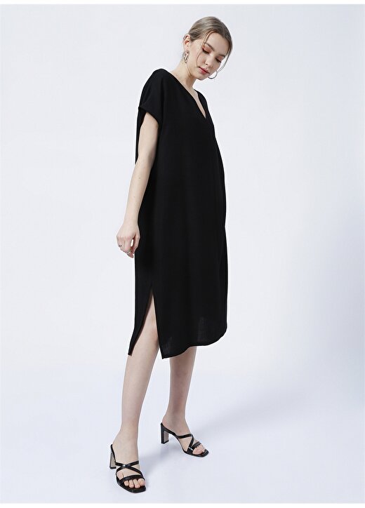 Fabrika Comfort V Yaka Geniş Fit Düz Siyah Kadın Elbise - CM-BABS 1