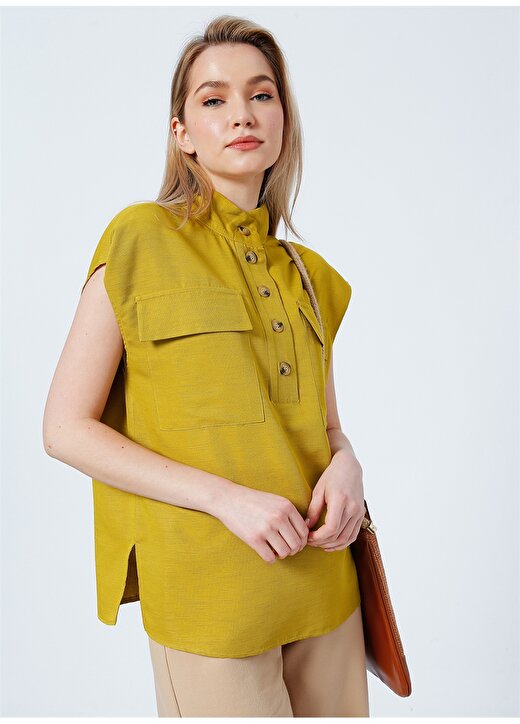 Fabrika Comfort Cm-Banbin Gömlek Yaka Basic Düz Yağ Yeşili Kadın Bluz 3