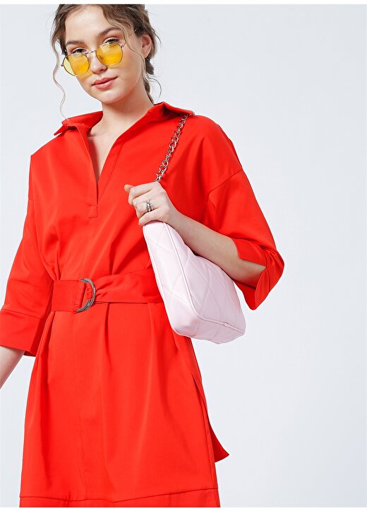 Fabrika Divine Gömlek Yaka Basic Düz Kırmızı Kadın Diz Üstü Elbise 3
