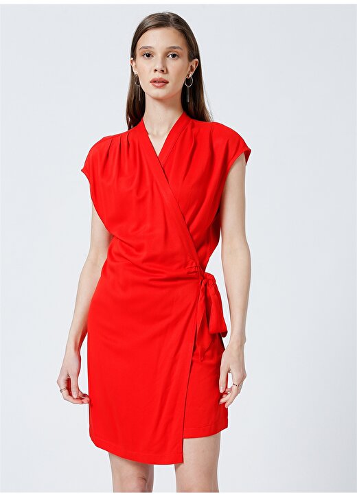 Fabrika Jack Kruvaze Yaka Kruvaze Düz Kırmızı Kadın Mini Elbise 3