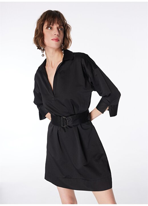 Fabrika Gömlek Yaka Düz Siyah Diz Üstü Kadın Elbise DIVINE 2