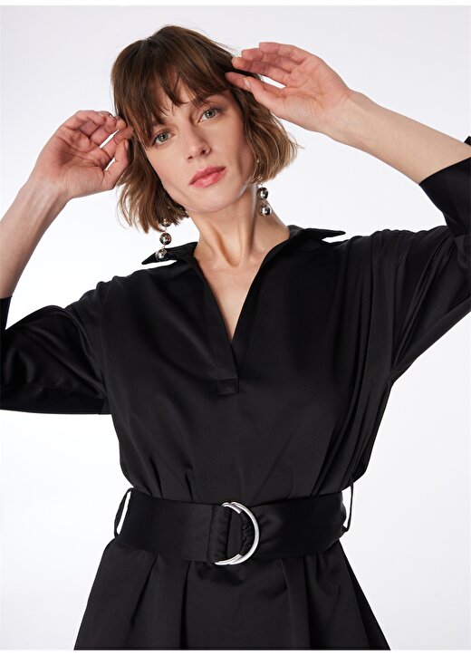 Fabrika Gömlek Yaka Düz Siyah Diz Üstü Kadın Elbise DIVINE 3