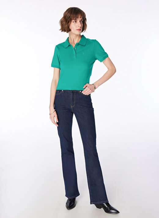 Fabrika Deep Polo Yaka  Basic Düz Yeşil Kadın T-Shirt 3
