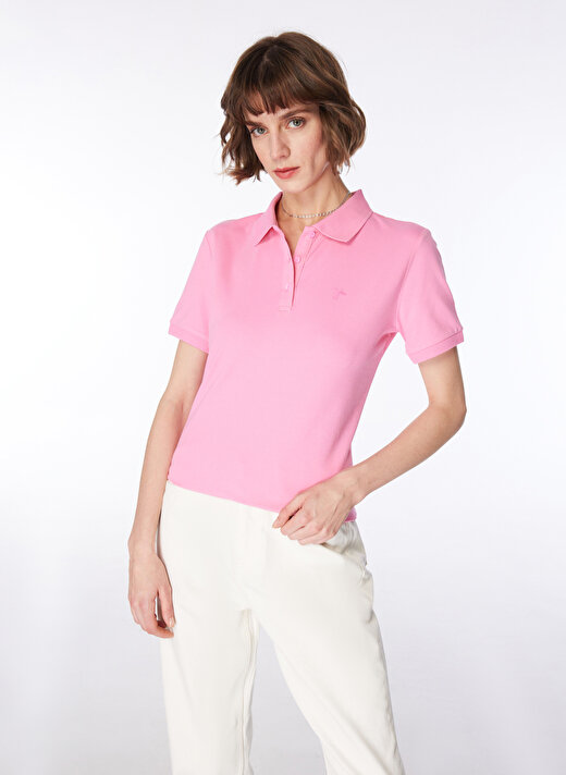 Fabrika Deep Polo Yaka  Basic Düz Açık Pembe Kadın T-Shirt 2