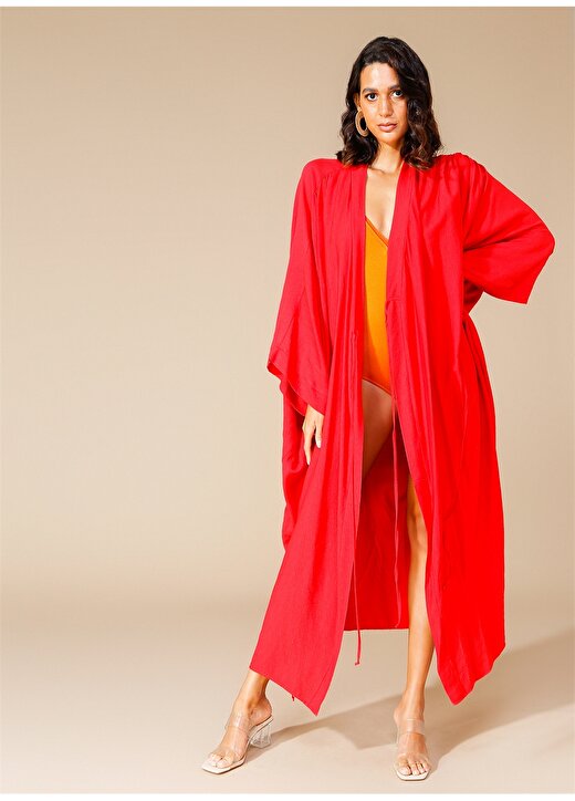 Faraway MOMO01 V Yaka Düz Kırmızı Kadın Kimono 3