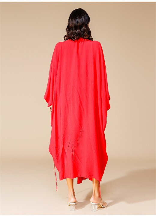 Faraway MOMO01 V Yaka Düz Kırmızı Kadın Kimono 4