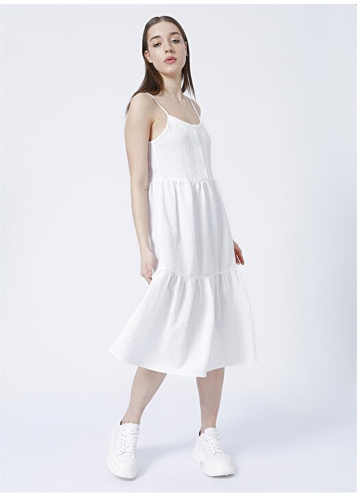 Limon Geniş Yaka Standart Kalıp Beyaz Kadın Elbise - Musk 1