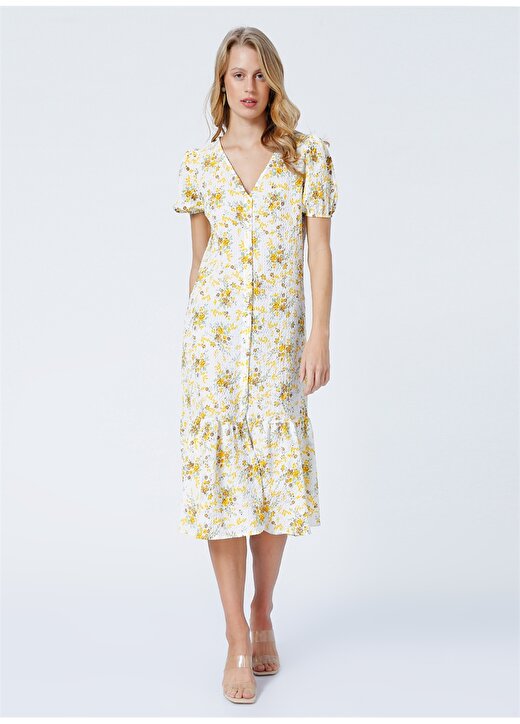 Limon Flower V Yaka Geniş Fit Çiçek Desenli Sarı - Beyaz Kadın Midi Boy Elbise 2