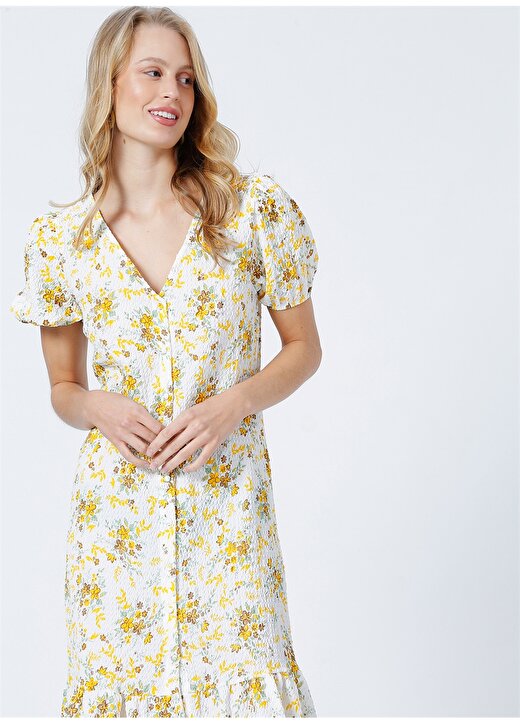 Limon Flower V Yaka Geniş Fit Çiçek Desenli Sarı - Beyaz Kadın Midi Boy Elbise 3
