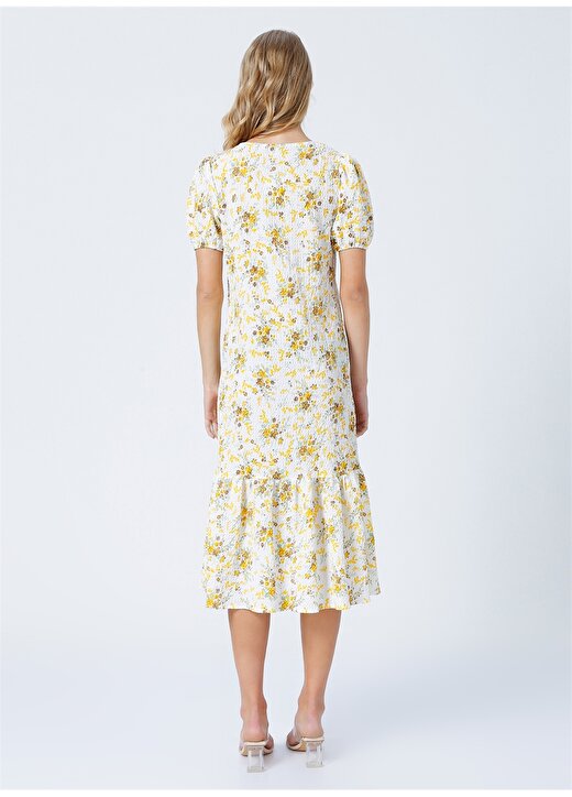 Limon Flower V Yaka Geniş Fit Çiçek Desenli Sarı - Beyaz Kadın Midi Boy Elbise 4