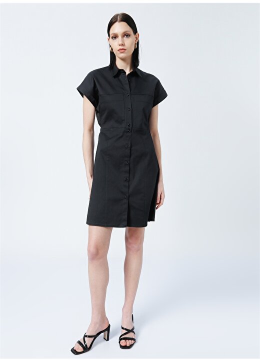 Fabrika Seren Gömlek Yaka Basic Düz Siyah Kadın Elbise 2