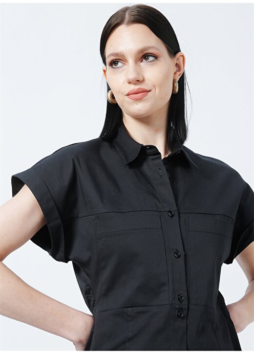 Fabrika Seren Gömlek Yaka Basic Düz Siyah Kadın Elbise 3