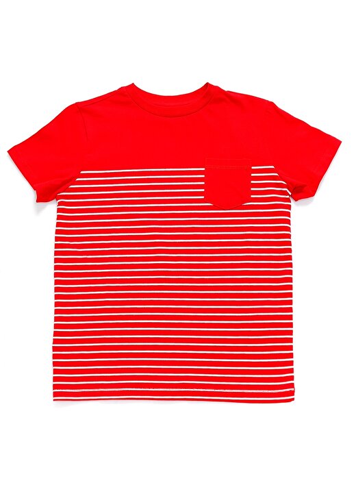 Limon Bisiklet Yaka Oversize Çizgili Kırmızı Erkek Çocuk T-Shirt - Hakı Boy 1