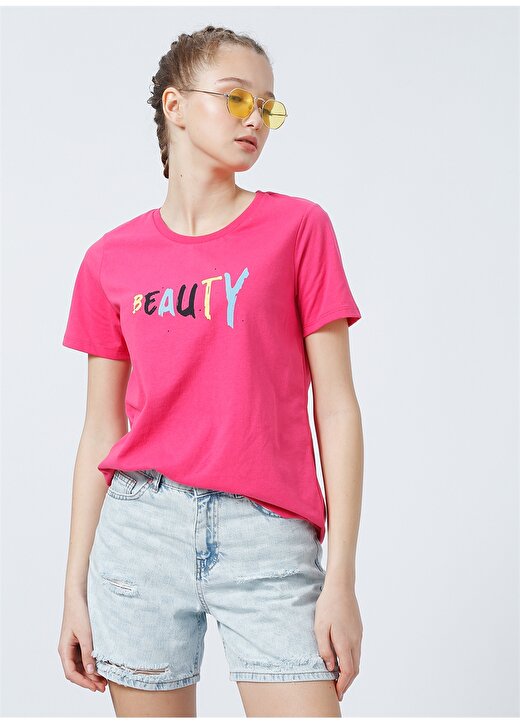 Limon Suns V Yaka Regular Fit Baskılı Pembe Kadın T-Shirt 1
