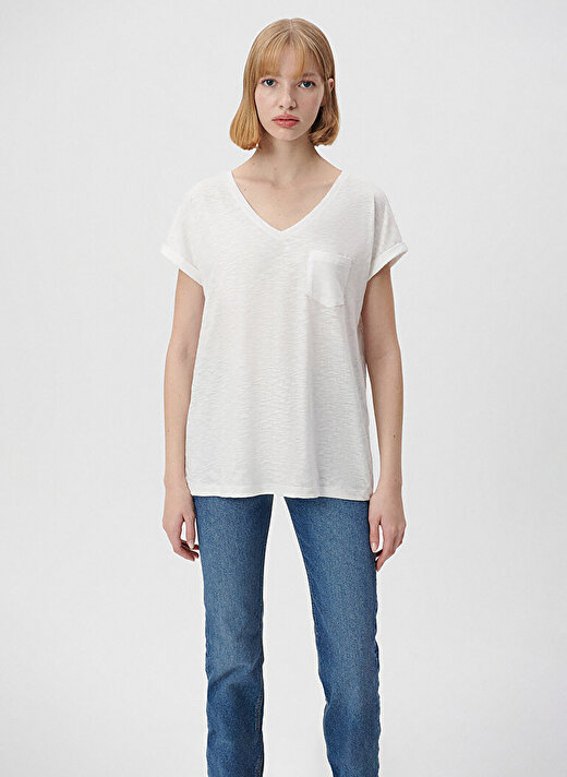 Mavi V Yaka Beyaz Kadın T-Shirt M1600961-620 3
