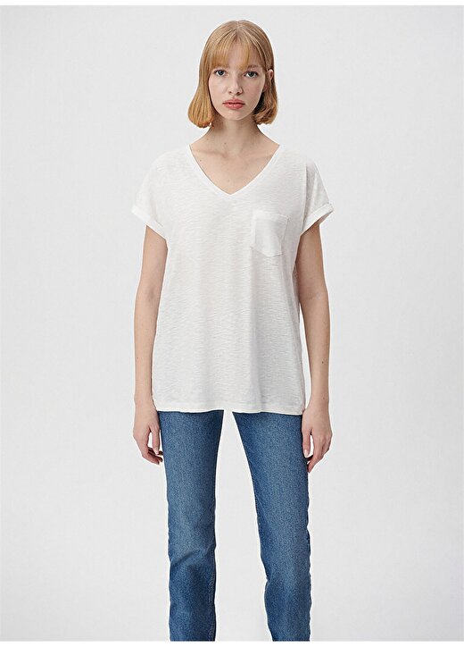 Mavi V Yaka Beyaz Kadın T-Shirt M1600961-620 3