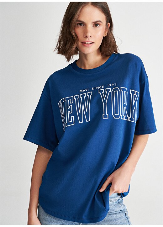 Mavi Yuvarlak Yaka Normal Kalıp Koyu Mavi Kadın T-Shirt - M1610550-70721 1