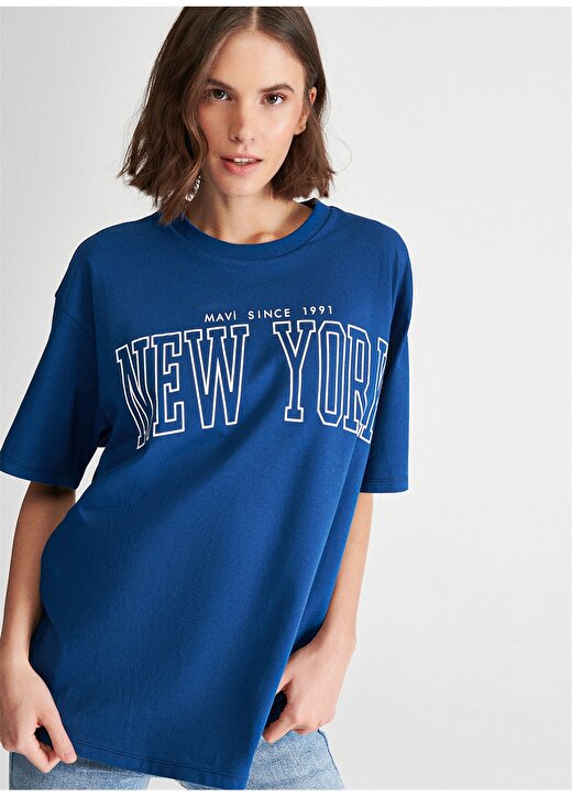 Mavi Yuvarlak Yaka Normal Kalıp Koyu Mavi Kadın T-Shirt - M1610550-70721 2