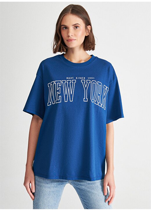 Mavi Yuvarlak Yaka Normal Kalıp Koyu Mavi Kadın T-Shirt - M1610550-70721 3