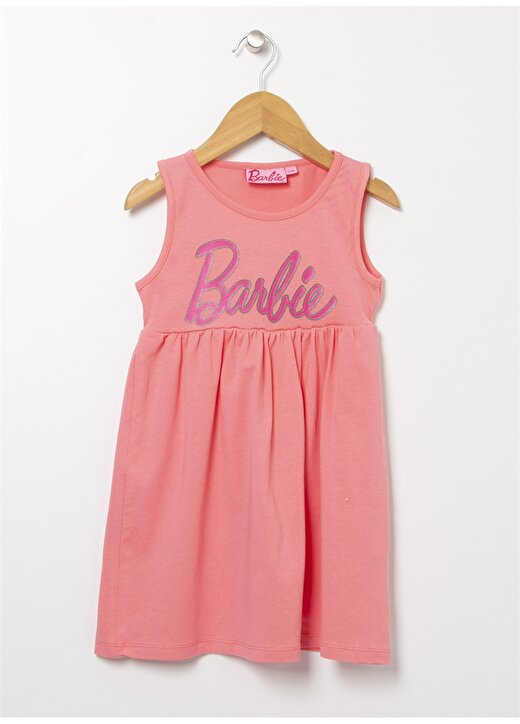 Barbie Bisiklet Yaka Standart Kalip Baskılı Pembe Kız Çocuk Elbise - 22Bs-120 1