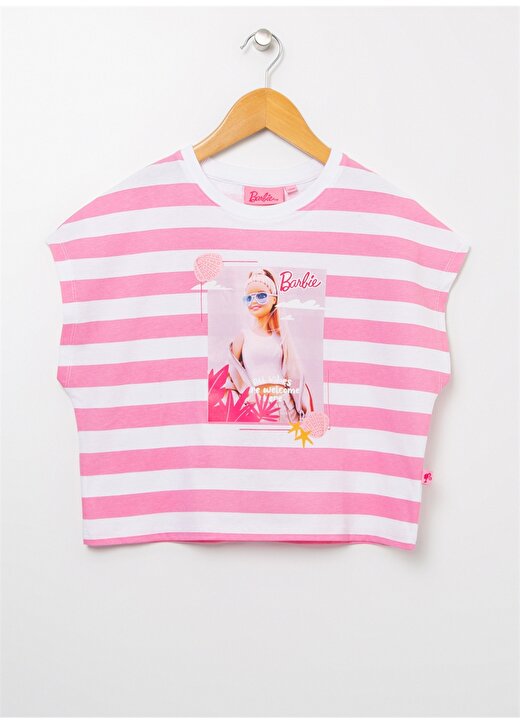 Barbie 22BS-107 Bisiklet Yaka Standart Kalıp Baskılı Pembe - Beyaz Kız Çocuk T-Shirt 1