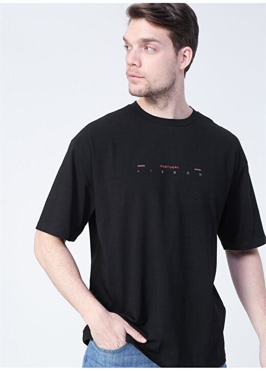 Fabrika Portugal O Yaka Oversize Düz Siyah Erkek T-Shirt 1