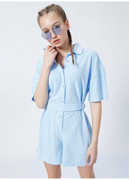 Limon Howard Gömlek Yaka Bağlamalı Standart Kalıp Düz Mavi Kadın Tulum 3