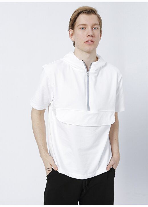 Limon Luka Kapüşonlu Modern Fit Düz Beyaz Erkek Sweatshirt 3