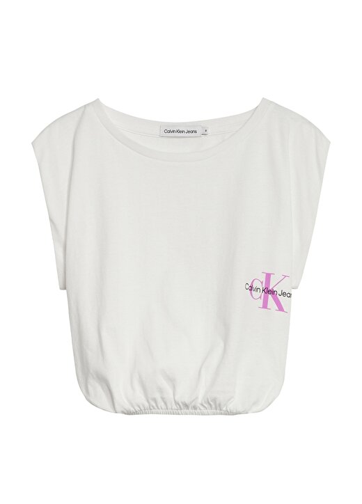 Calvin Klein Ig0ig01344-Monogram Off Placed Cap Bisiklet Yaka Lastikli Bol Kesim Düz Beyaz Kız Çocuk T-Shirt 1