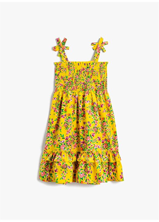Koton 2SKG80018AW Kare Yaka Normal Kalıp Çiçek Desenli Sarı Kız Çocuk Elbise 4