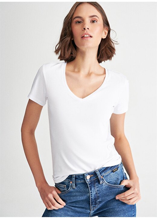 Mavi V Yaka Beyaz Kadın T-Shirt M1600964-620 1