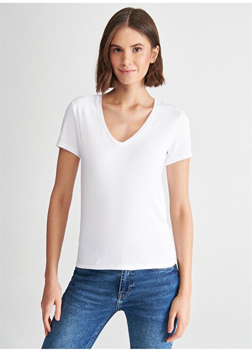 Mavi V Yaka Beyaz Kadın T-Shirt M1600964-620 3