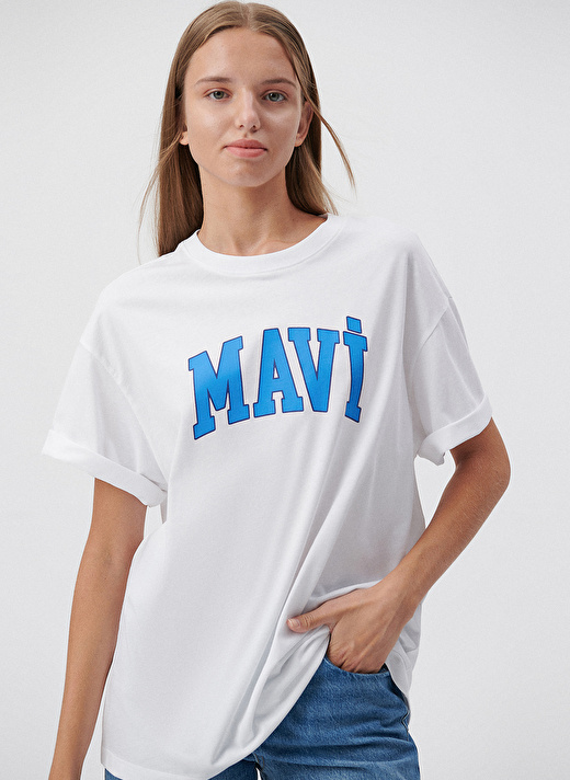 Mavi M1600843-70000 Bisiklet Yaka   Normal Kalıp Beyaz Kadın T-Shirt 1