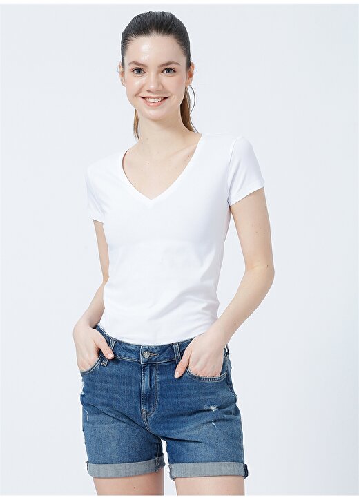Mavi V Yaka Beyaz Kadın T-Shirt M162769-620 3